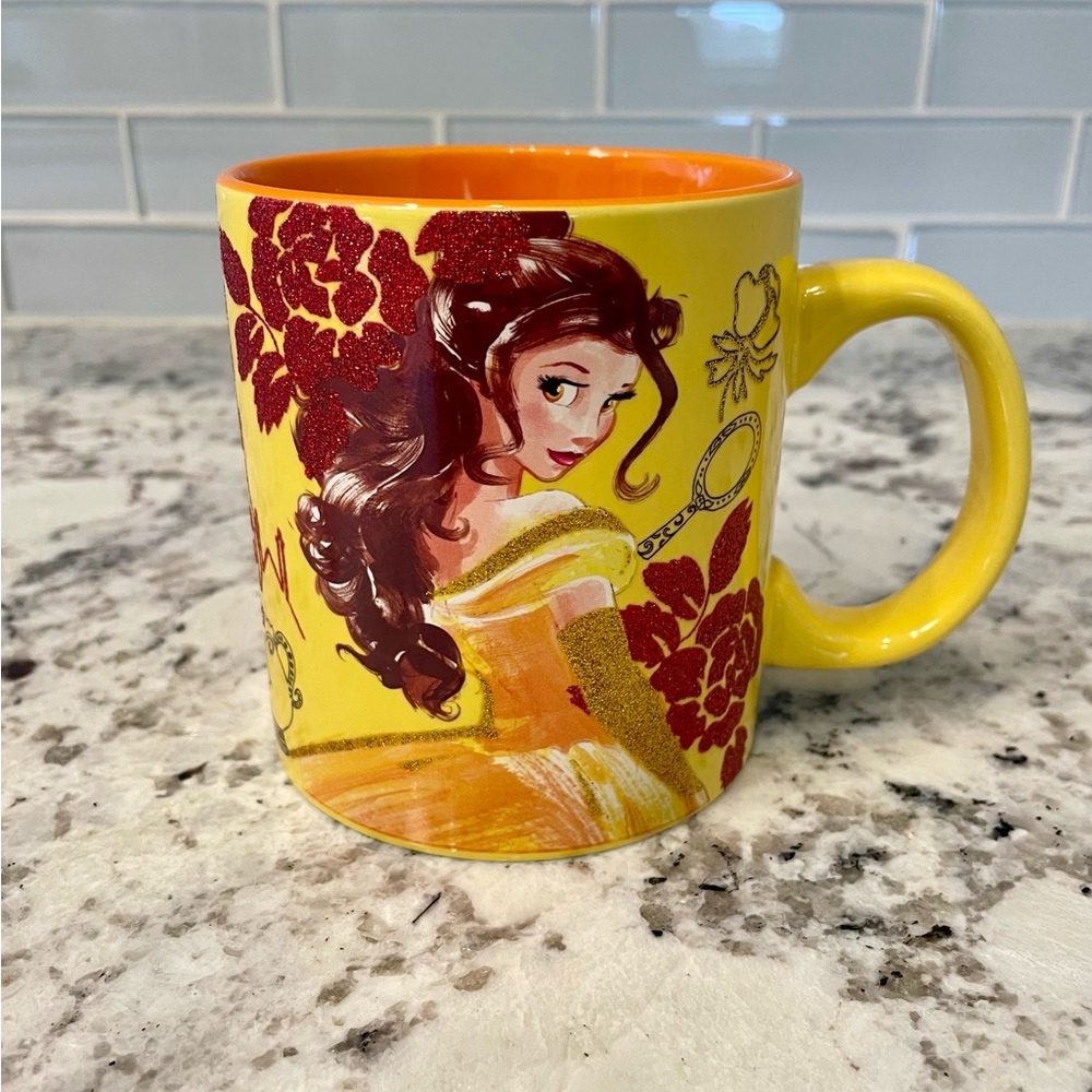 Yellow Belle Character Ceramic Mug with Red Glitter Accents